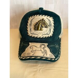 Original Caps Mens Trucker Hat Western Horse Emblem Adjustable Green Cream OSFM
